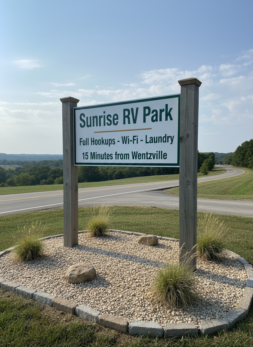 A clear, daytime roadside view showing the Sunrise RV Park entrance sign: a sturdy, rectangular sign with a clean white background and bold, professional dark green lettering that reads “Sunrise RV Park – Full Hookups – Wi‑Fi – Laundry – 15 Minutes from Wentzville.” The sign is mounted on two square wooden posts set in neatly edged gravel, with low native plants and river rock surrounding the base. In the background, a paved two-lane country road stretches gently toward distant tree-covered hills under a bright, lightly clouded Missouri sky. Late morning sunlight creates crisp, natural colors and soft, defined shadows. Captured from a low, slightly angled perspective, the image feels inviting, trustworthy, and businesslike.