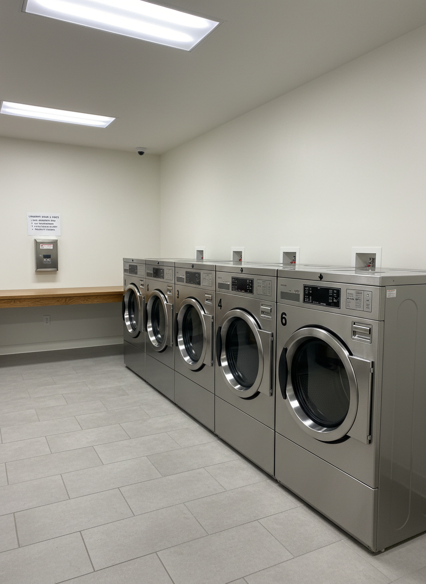 An interior, photographic realism shot of the on-site laundry room at Sunrise RV Park, featuring a row of spotless stainless-steel front-loading washers and dryers against a clean off-white wall, each machine numbered with simple black decals. The floor is finished in light gray, slip-resistant tile, and a sturdy wooden folding counter runs along the opposite wall, free of clutter. A small, clearly printed rules and rates sign hangs above a wall-mounted payment box. Bright, even LED ceiling lights bathe the room in neutral white light, eliminating harsh shadows and emphasizing cleanliness. Framed from a slightly wide eye-level angle with sharp focus, the mood is orderly, practical, and reassuring, highlighting convenience for traveling workers and long-term guests.