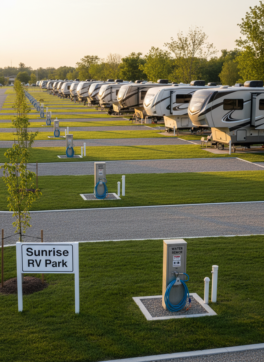 A neat row of modern RVs parked on level gravel pads with crisp white concrete borders, each pad equipped with clearly labeled full hookups, sturdy metal electrical pedestals, and neatly coiled hoses. A freshly mowed green lawn and young shade trees separate the sites, with a simple white sign reading “Sunrise RV Park” visible near the entrance. Soft golden hour light bathes the scene, casting long, gentle shadows and highlighting the clean, orderly layout. Photographed from a slightly elevated, wide-angle perspective with sharp focus throughout, the image feels calm, organized, and professional, emphasizing photographic realism and the park’s quiet, well-maintained environment.