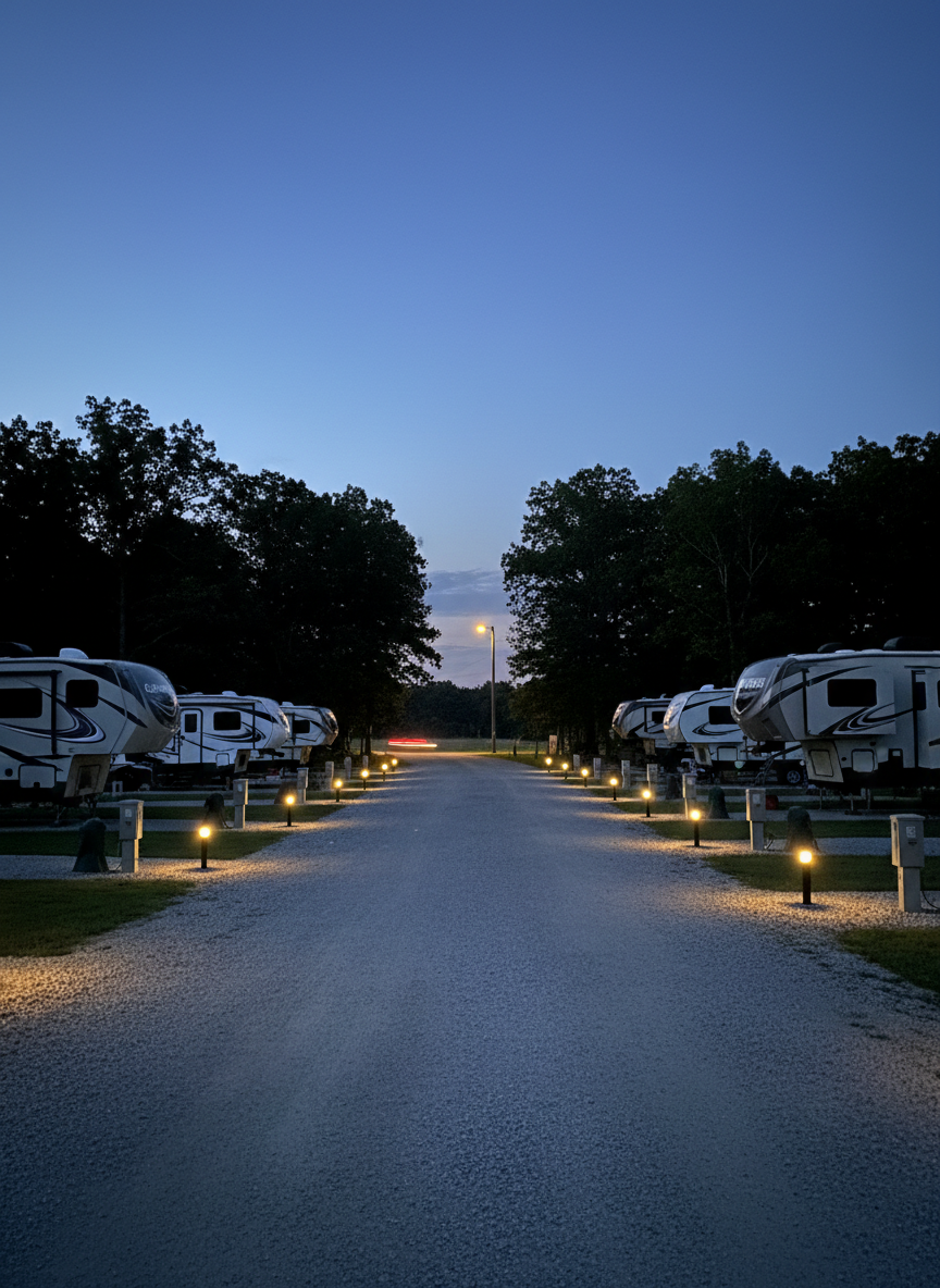 A quiet evening scene inside Sunrise RV Park showing a gently curving gravel drive lined with evenly spaced RV sites, each with a parked rig, illuminated only by small, warm-toned LED pedestal lights and a soft glow from a distant streetlamp near the entrance. The sky holds the last deep blue of twilight, and silhouettes of mature trees frame the background, suggesting a rural Missouri setting. The park appears calm and orderly, with no clutter or outdoor structures beyond RVs and standard hookups. Photographed from an eye-level perspective with a long exposure feel, capturing subtle light trails from one distant vehicle, the composition emphasizes serenity, safety, and a professional, well-regulated environment in realistic, photographic style.