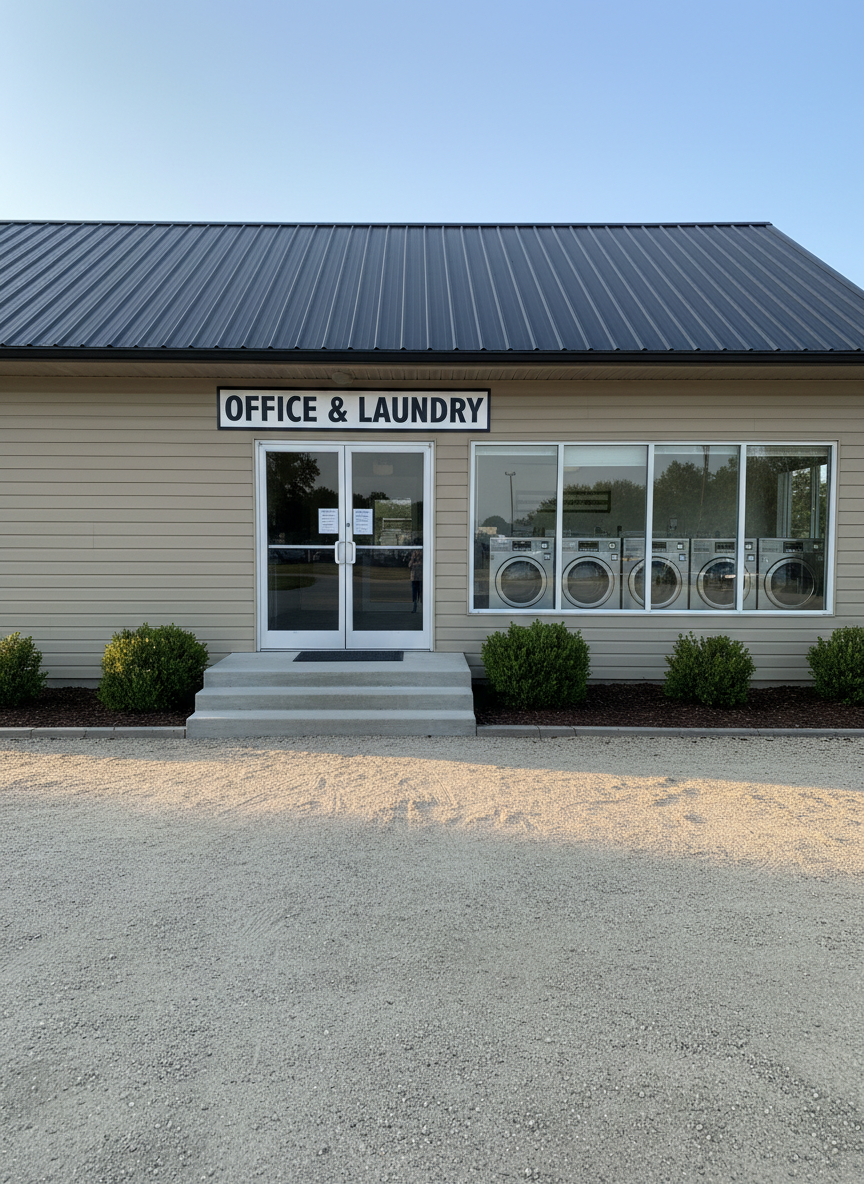 A clean, single-story RV park office and laundry building with light tan siding, a dark metal roof, and a simple, clearly printed sign that reads “Office & Laundry” above a glass door. A few neatly arranged concrete steps lead up to the entrance, flanked by low-maintenance shrubs in mulched beds. Inside the large front windows, stainless steel front-loading washers and dryers are visible, lined up in an orderly row. Late afternoon natural light illuminates the building, with subtle reflections on the glass and soft shadows on the gravel parking area. Captured at eye level in photographic realism, the composition uses the rule of thirds to create a welcoming yet professional atmosphere.